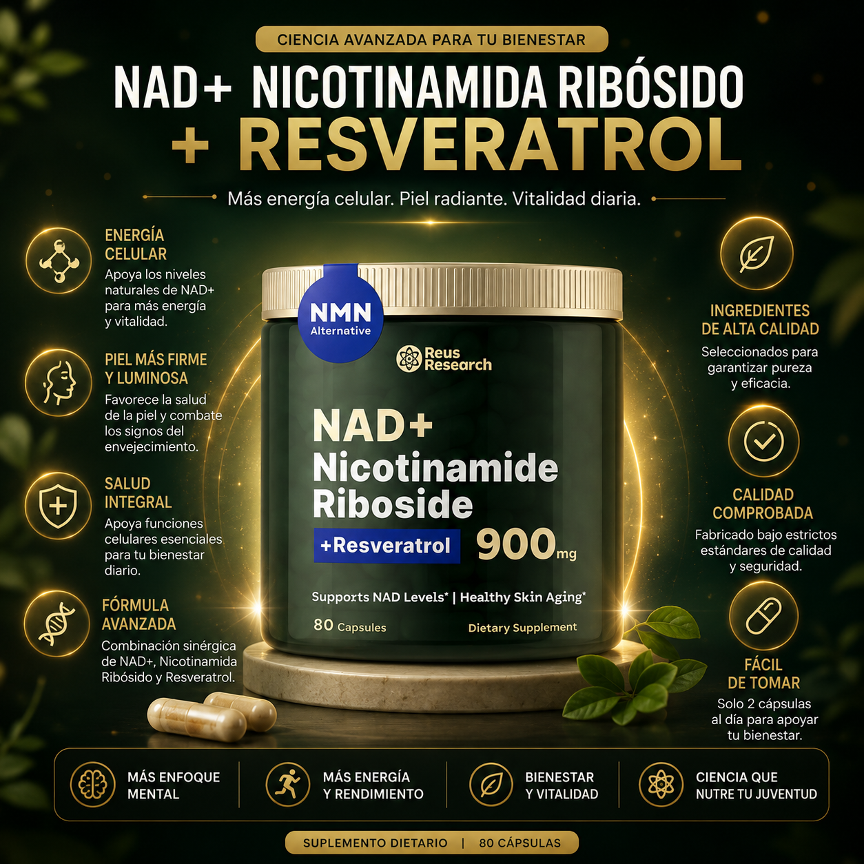 NAD+ con Nicotinamida Ribósido + Resveratrol (900mg)